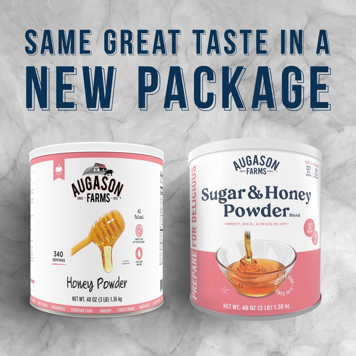 Augason Farms Sugar and Honey Powder Blend Can with 227 servings, showing the sealed can container with product label.