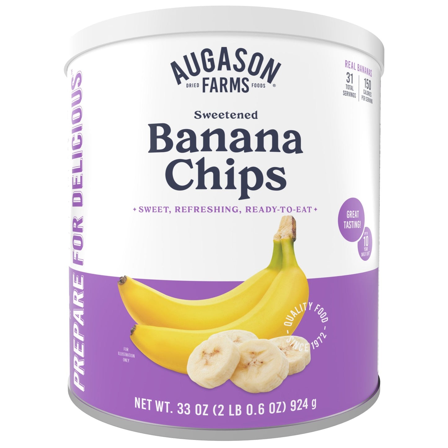 Sweetened banana chips in a can from Augason Farms, with 31 servings of crunchy, sweetened banana slices for snacking or baking.