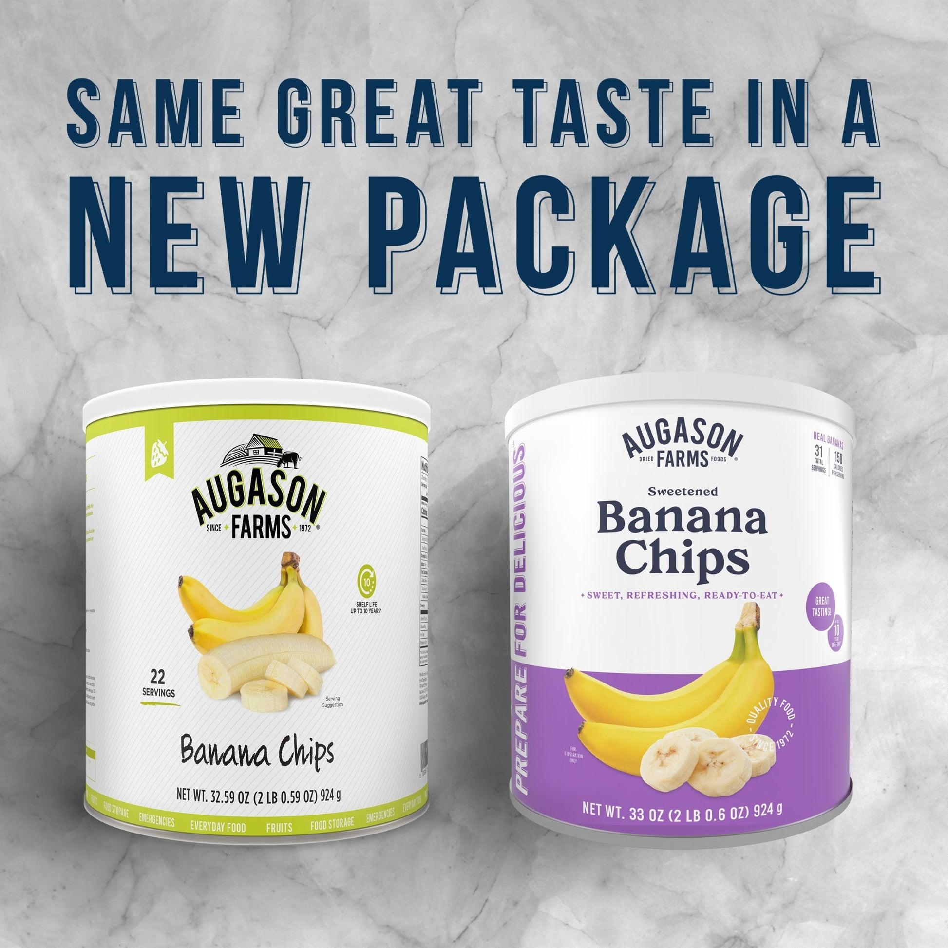 Can of Augason Farms sweetened banana chips with 31 servings, showing golden dried banana slices in a sealed can.