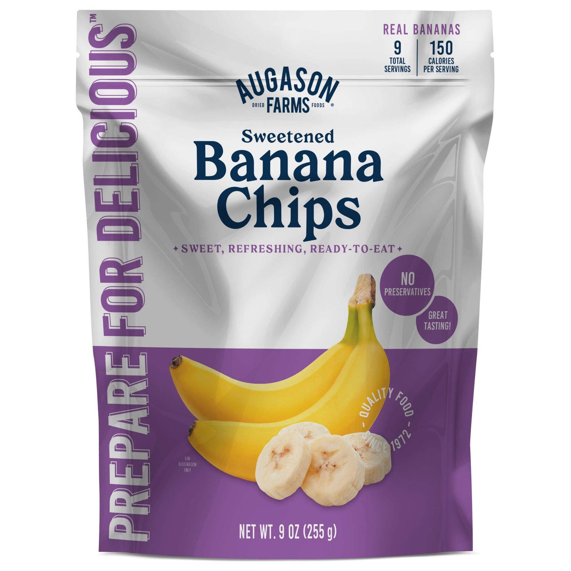 Sweetened banana chips pouch by Augason Farms, showing crispy banana slices in a resealable bag for 9 servings.