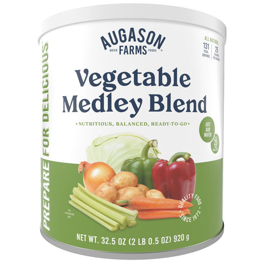 Augason Farms Vegetable Medley Blend can with 131 servings, showing colorful mixed dried vegetables in a sealed can.