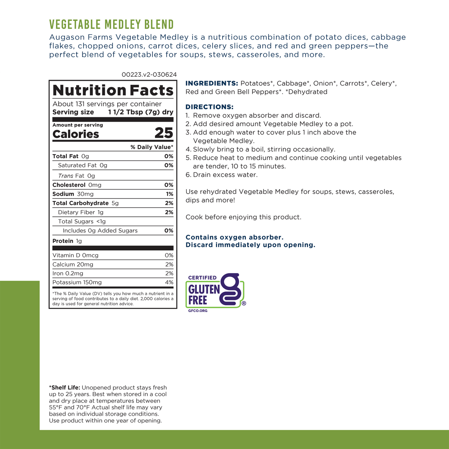 Augason Farms Vegetable Medley Blend Can with 131 servings, showing a colorful mix of dried vegetables in a sealed can.