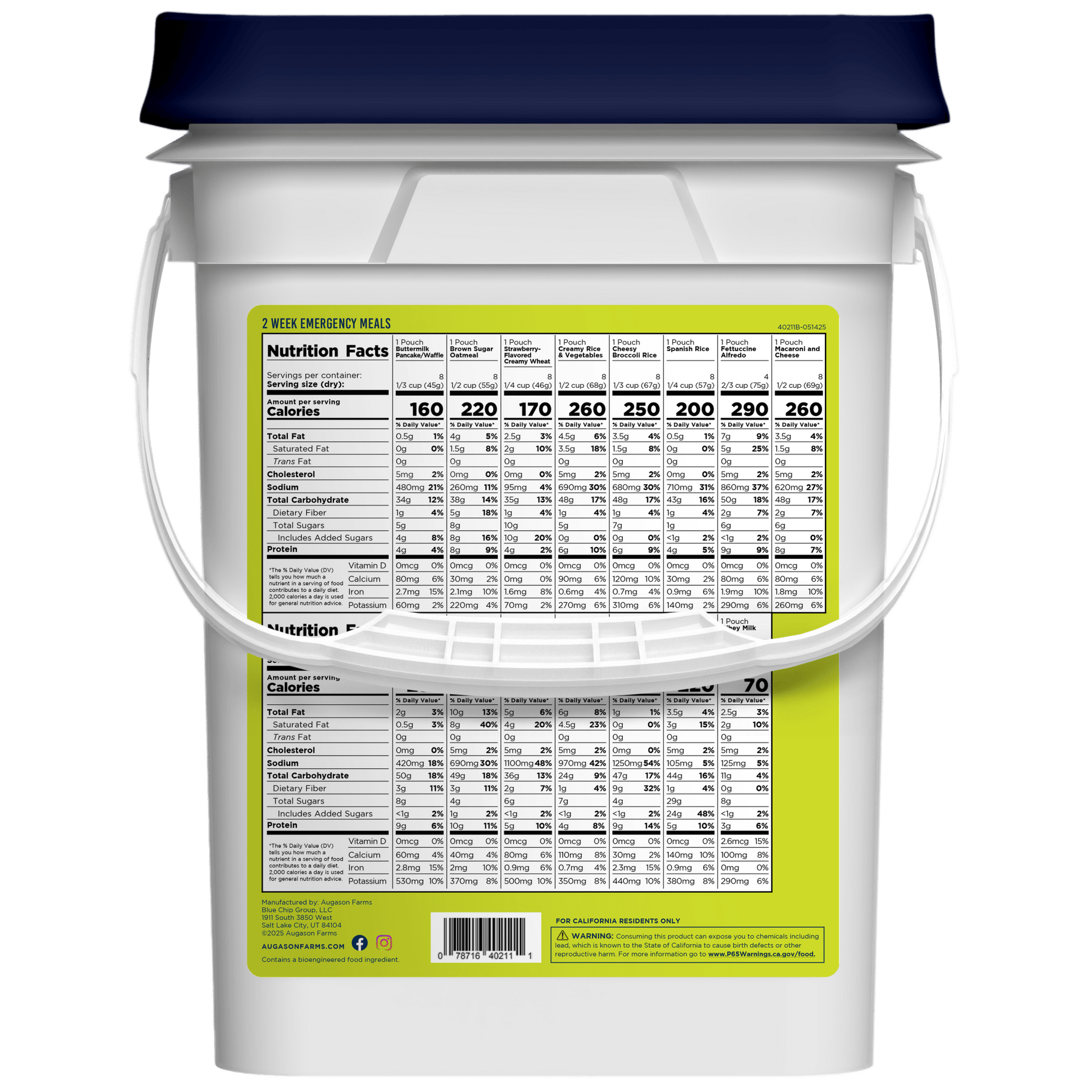 Augason Farms 2-week emergency food supply kit for one person with 119 servings, including various ready-to-eat food options.