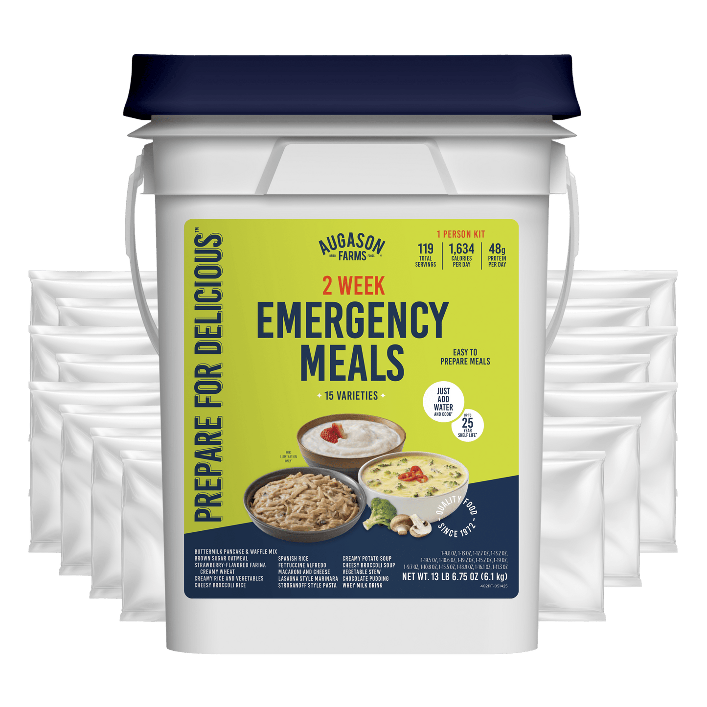 Augason Farms 2-week emergency food supply kit for one person with 119 servings, including various meal packages.