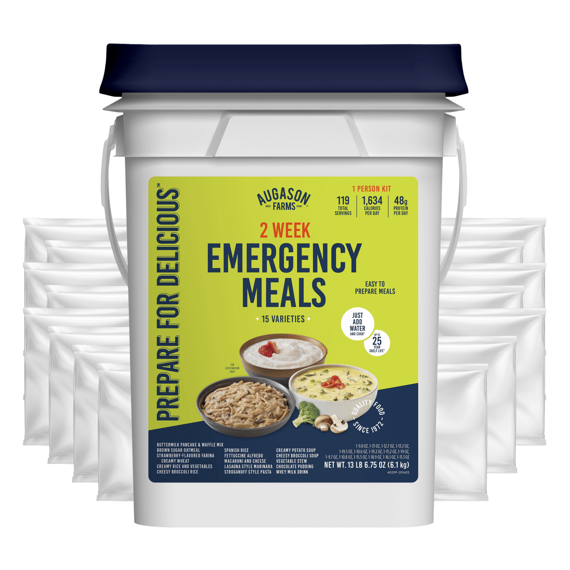 Augason Farms 2-week emergency food supply kit for one person with 119 servings, including various meal packages.