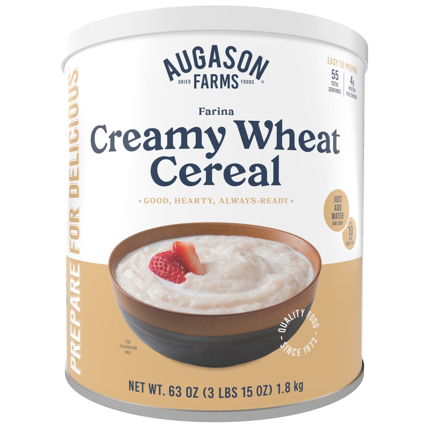 Augason Farms creamy wheat cereal in a 55-serving can, showing the sealed food container with label and branding.
