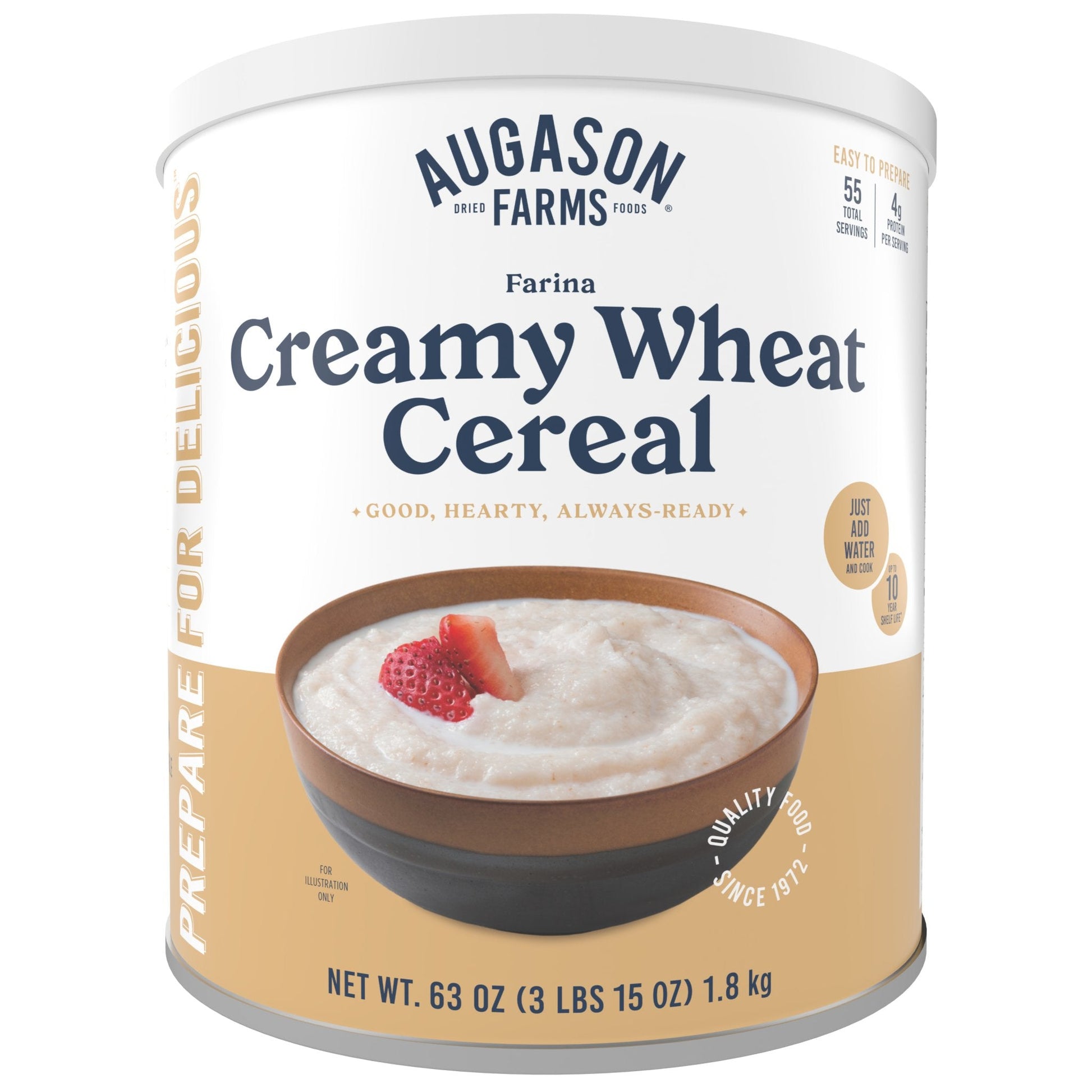 Augason Farms creamy wheat cereal in a 55-serving can, showing the sealed food container with label and branding.
