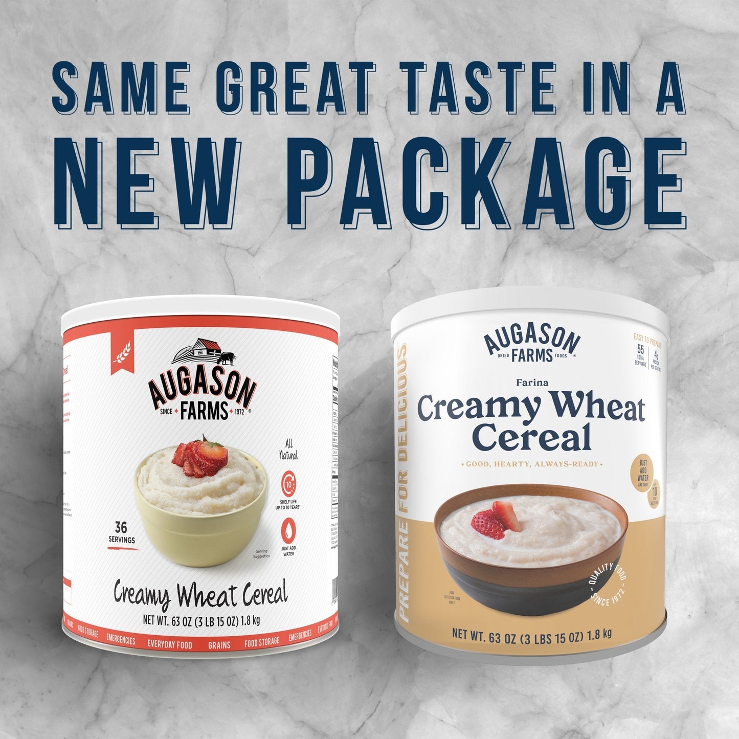 Creamy Wheat Cereal Can from Augason Farms, 55 servings, showing a sealed can of food with a label featuring the product name.