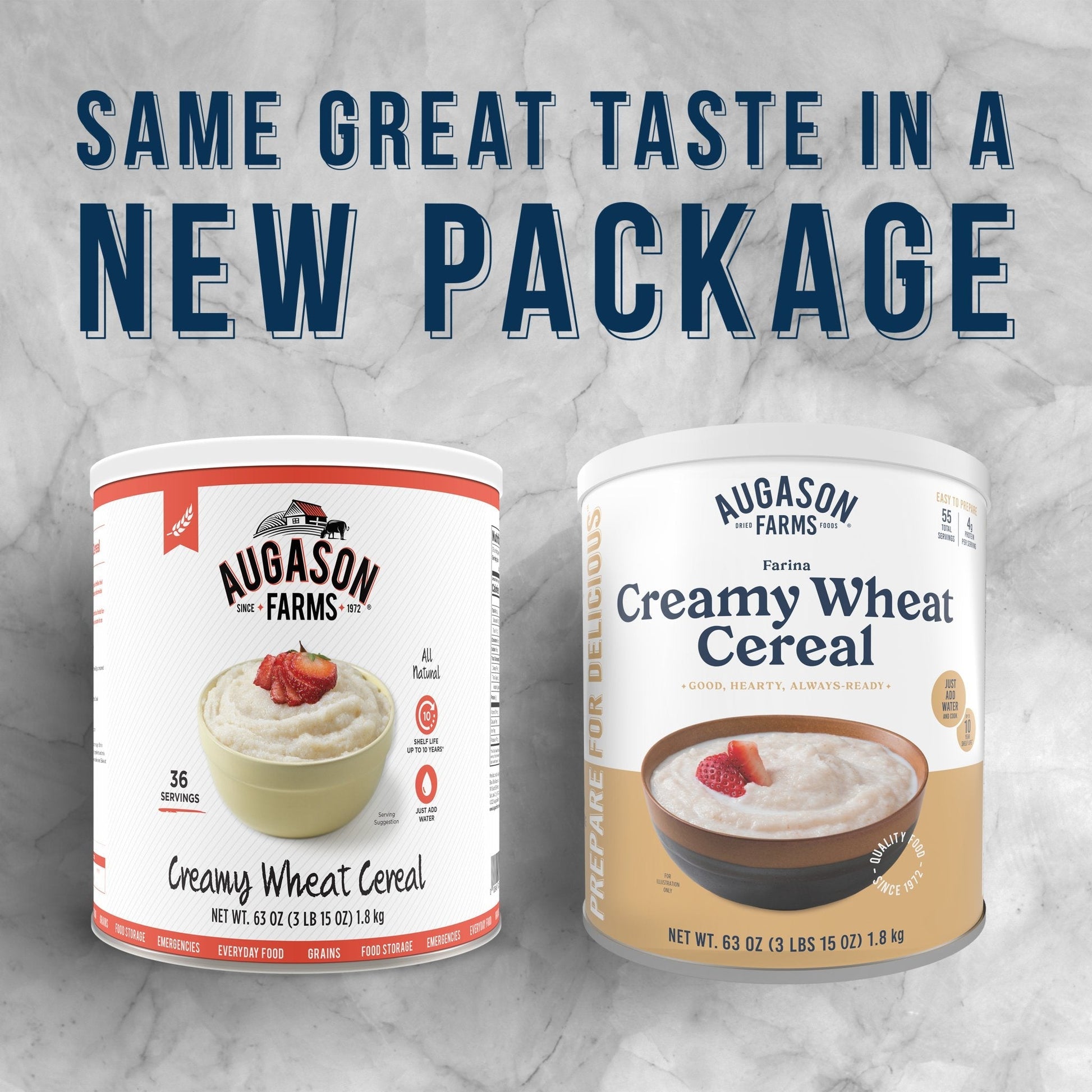 Creamy Wheat Cereal Can from Augason Farms, 55 servings, showing a sealed can of food with a label featuring the product name.