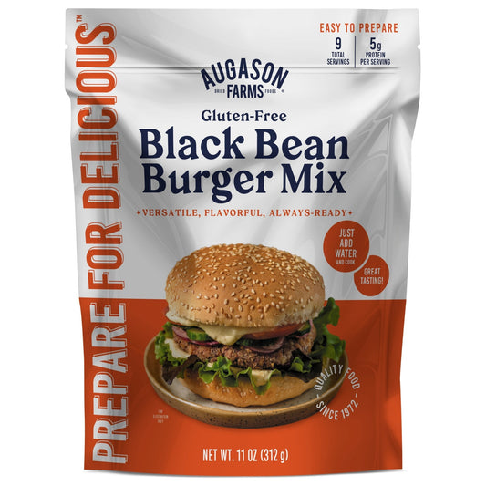 Augason Farms gluten-free black bean burger mix pouch with 9 servings, showing the food packaging and ingredients.