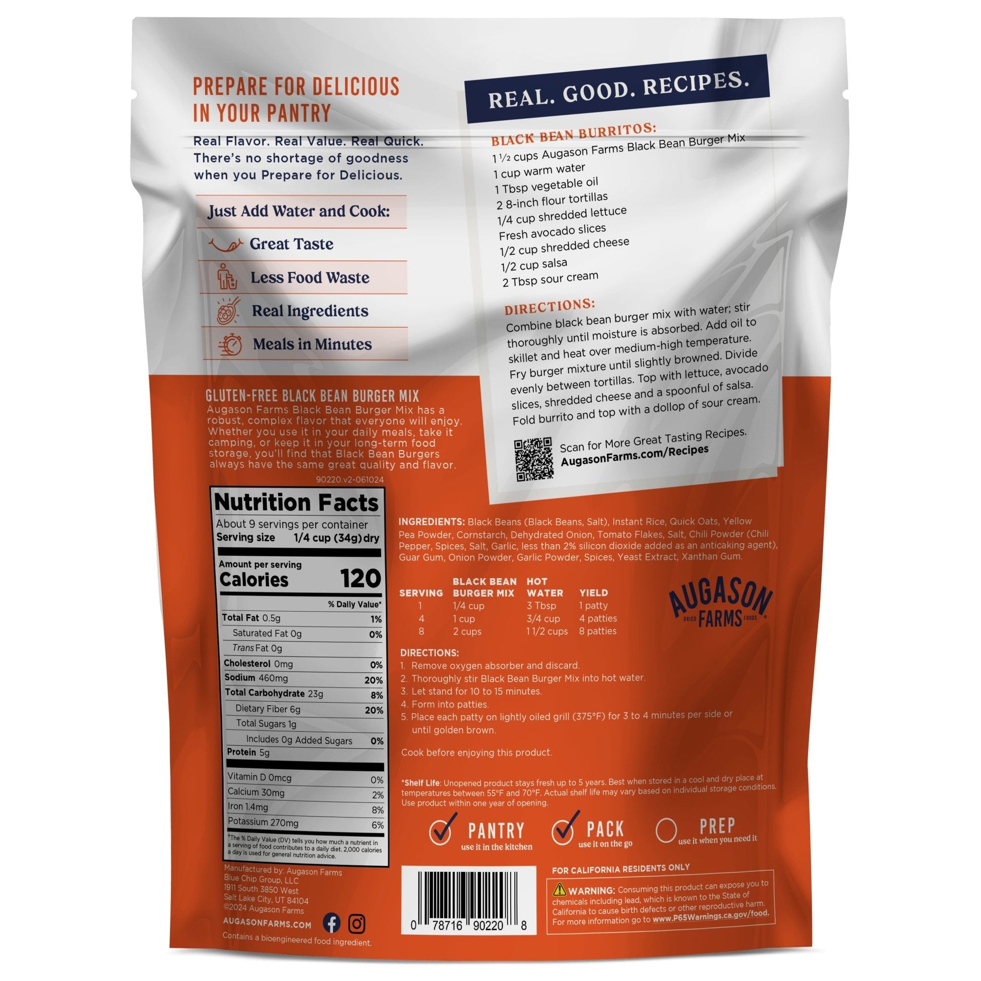 Gluten-free Black Bean Burger Mix pouch by Augason Farms with ingredients and serving suggestions visible on the packaging.