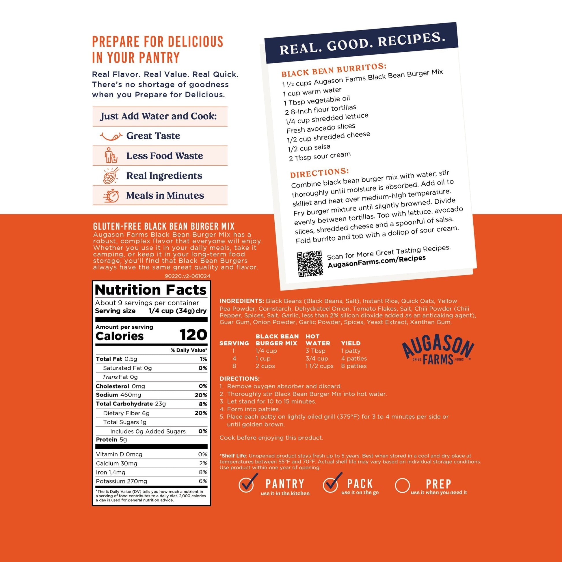 Augason Farms gluten-free black bean burger mix pouch showing the product packaging with ingredients and serving information.