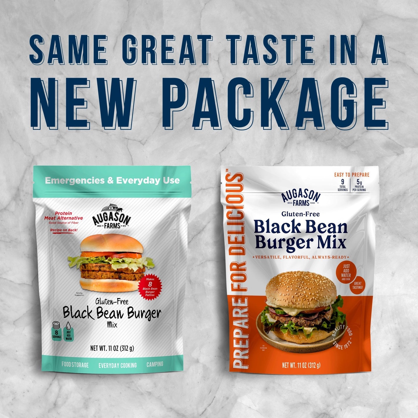 Gluten-free black bean burger mix pouch by Augason Farms, 9 servings, with dried beans and seasonings visible in the image.
