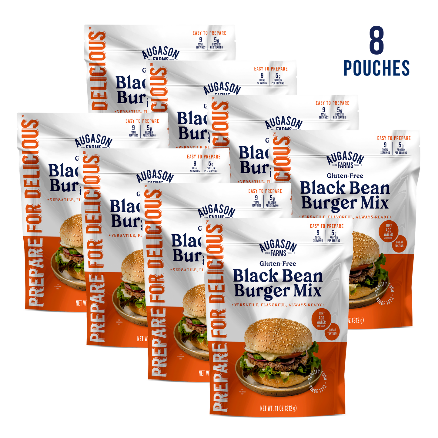 Augason Farms gluten-free black bean burger mix pouch with 9 servings, featuring a bag of ready-to-make burger mix.