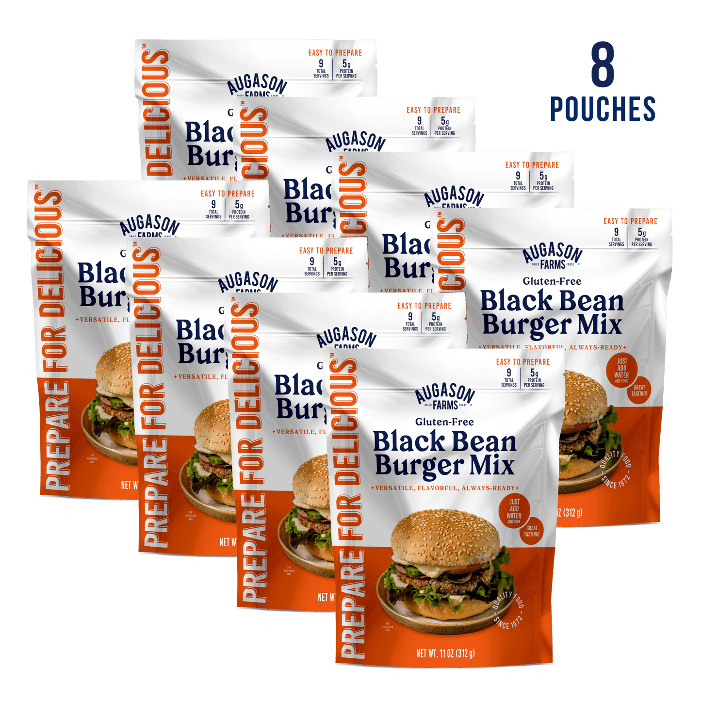 Augason Farms gluten-free black bean burger mix pouch with 9 servings, showing the food packaging and product information.