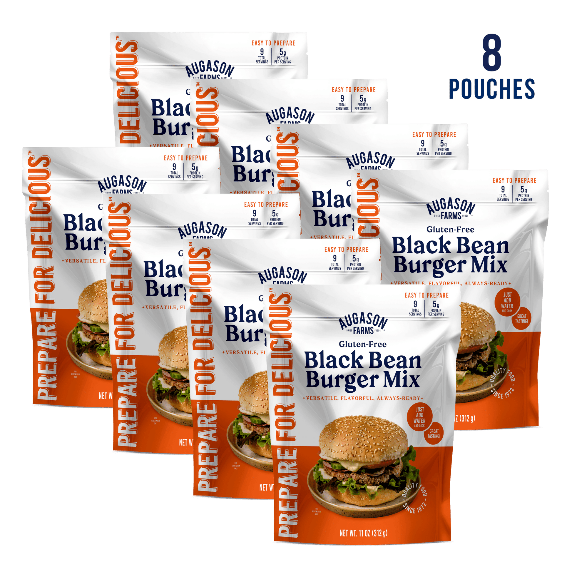 Augason Farms gluten-free black bean burger mix pouch with 9 servings, showing the food packaging and product information.