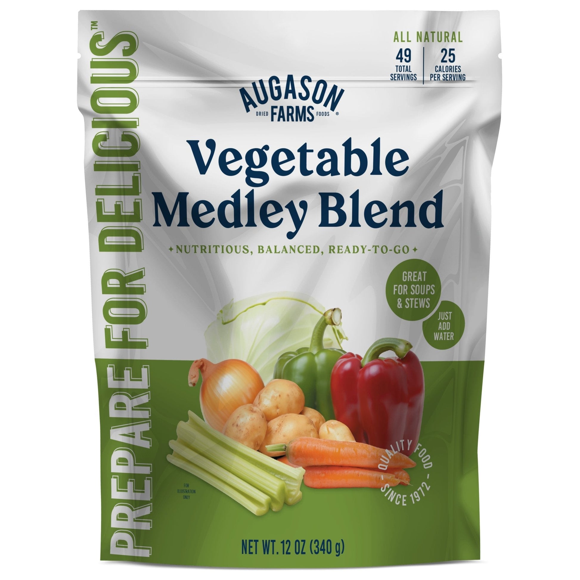Augason Farms Vegetable Medley Blend pouch with 49 servings, pantry staple for versatile vegetable mix in a resealable pouch.