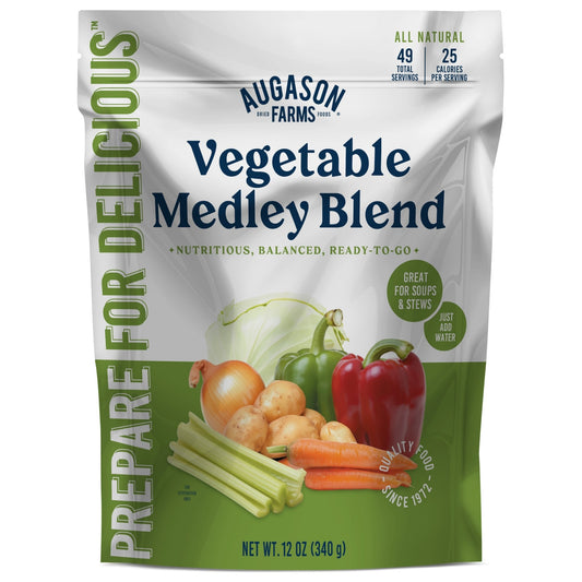 Augason Farms Vegetable Medley Blend pouch with 49 servings, pantry staple for versatile vegetable mix in a resealable pouch.