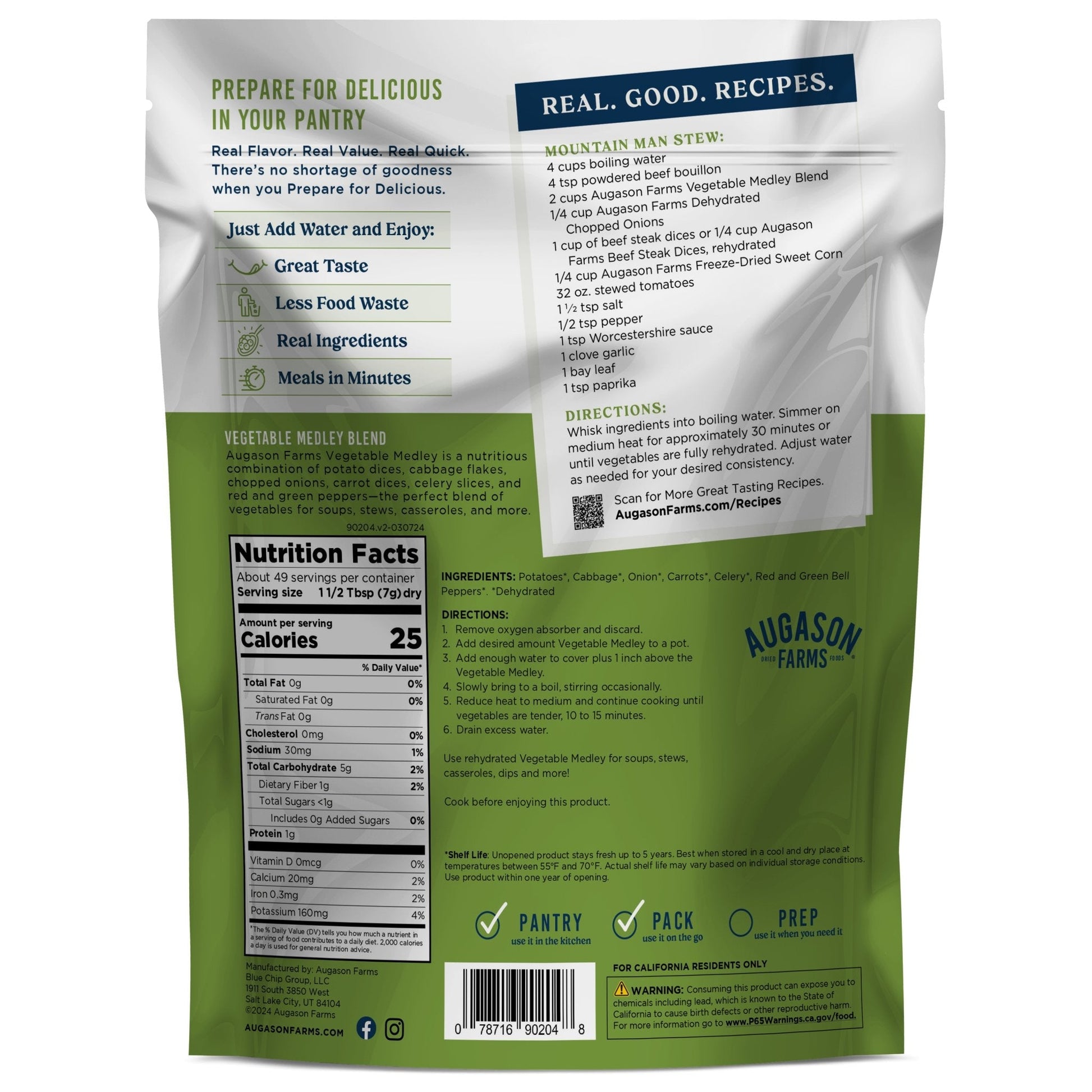 Augason Farms Vegetable Medley Blend Pantry Pouch with 49 servings, dried mixed vegetables in a resealable pouch.