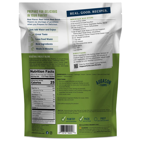 Augason Farms Vegetable Medley Blend Pantry Pouch with 49 servings, dried mixed vegetables in a resealable pouch.
