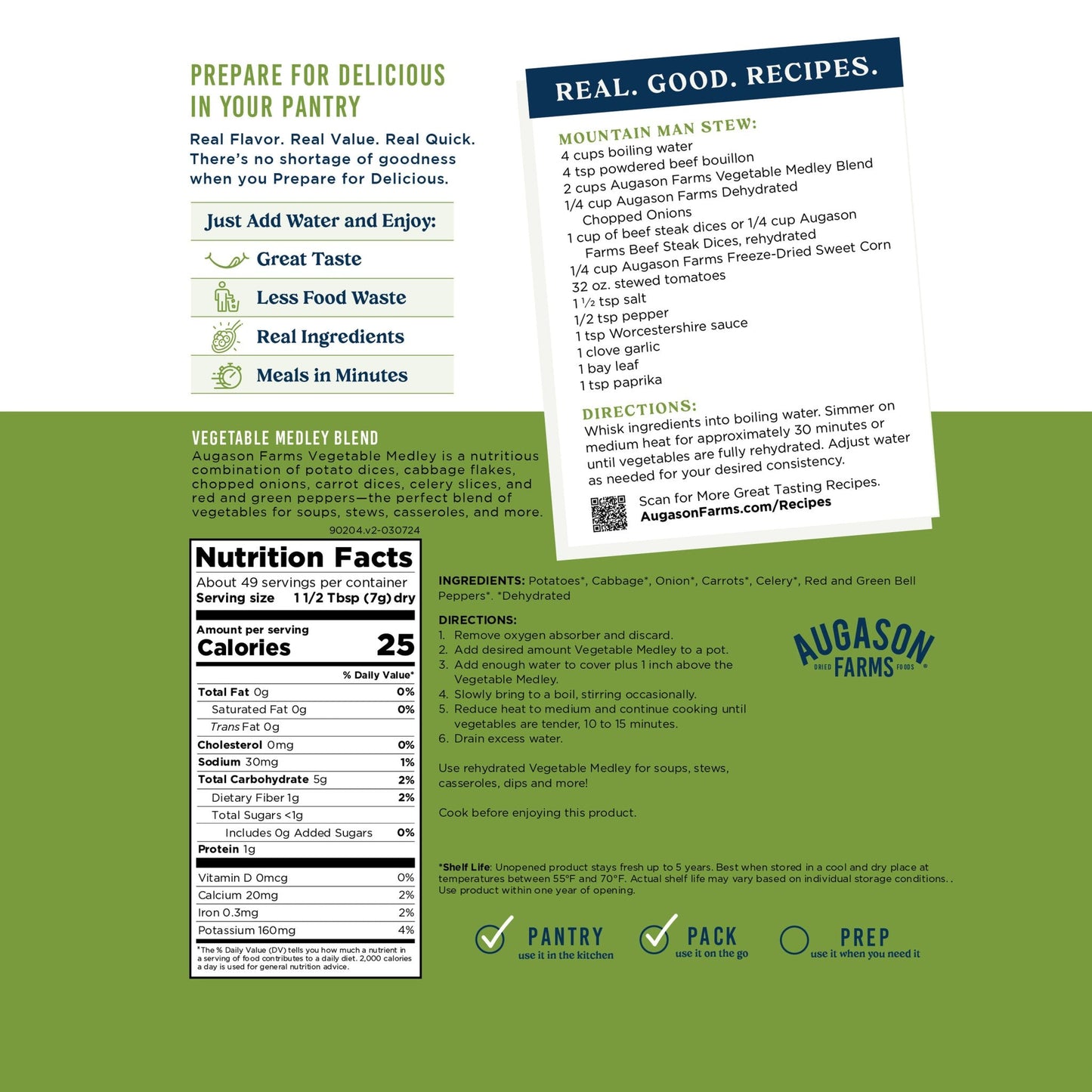 Augason Farms vegetable medley blend pouch in pantry, showing colorful dried mixed vegetables for versatile cooking and storage.