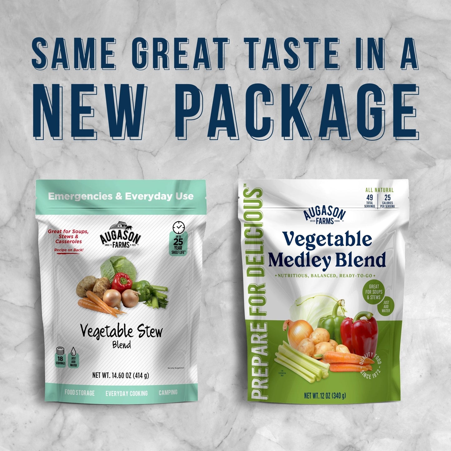 Augason Farms Vegetable Medley Blend Pantry Pouch with 49 servings, featuring colorful mixed vegetables in a resealable pouch.