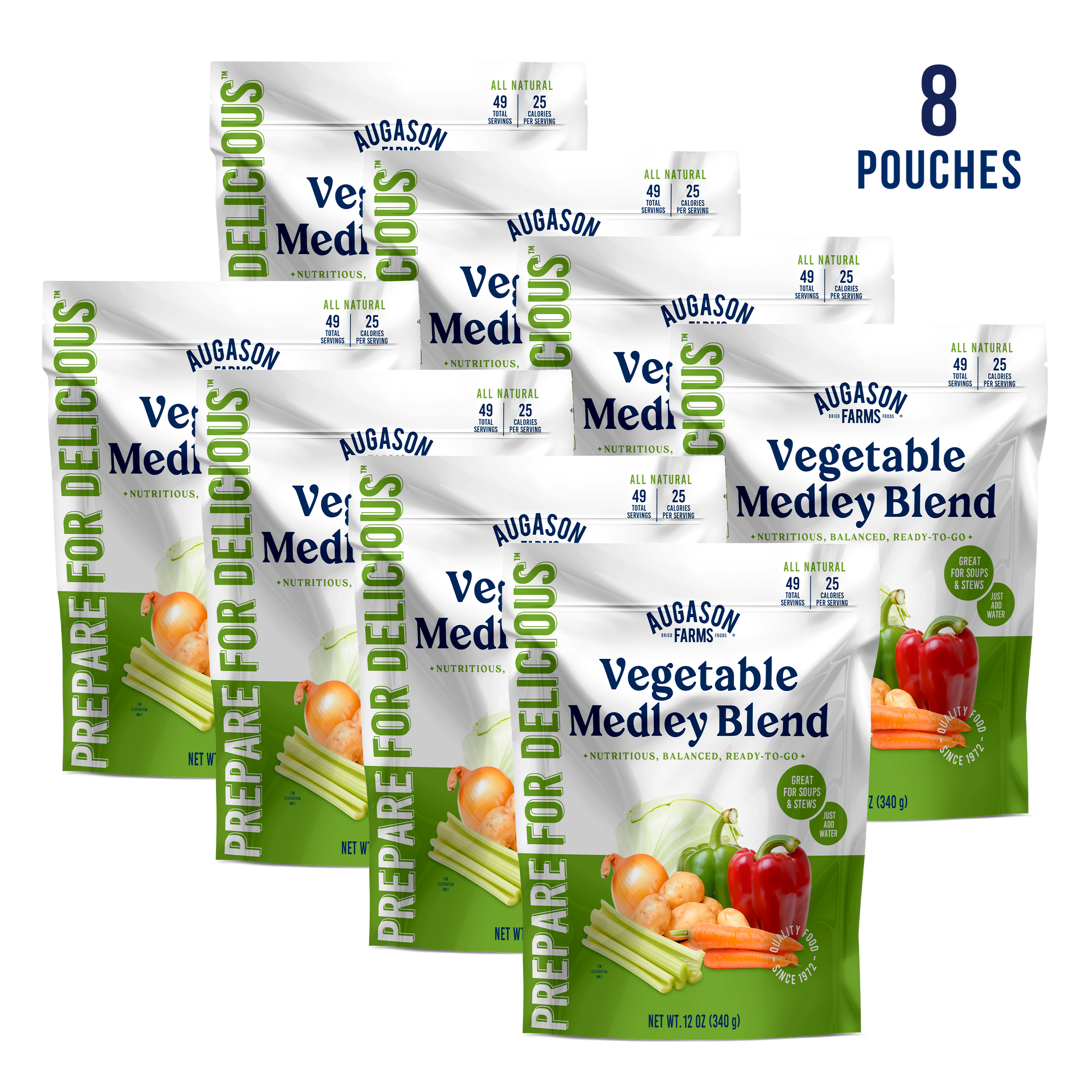 Augason Farms Vegetable Medley Blend pantry pouch with 49 servings, fresh mixed vegetables for long-term storage.