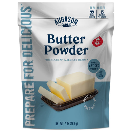 Augason Farms butter powder pouch with 99 servings, shown in a sealed package for baking and cooking use.
