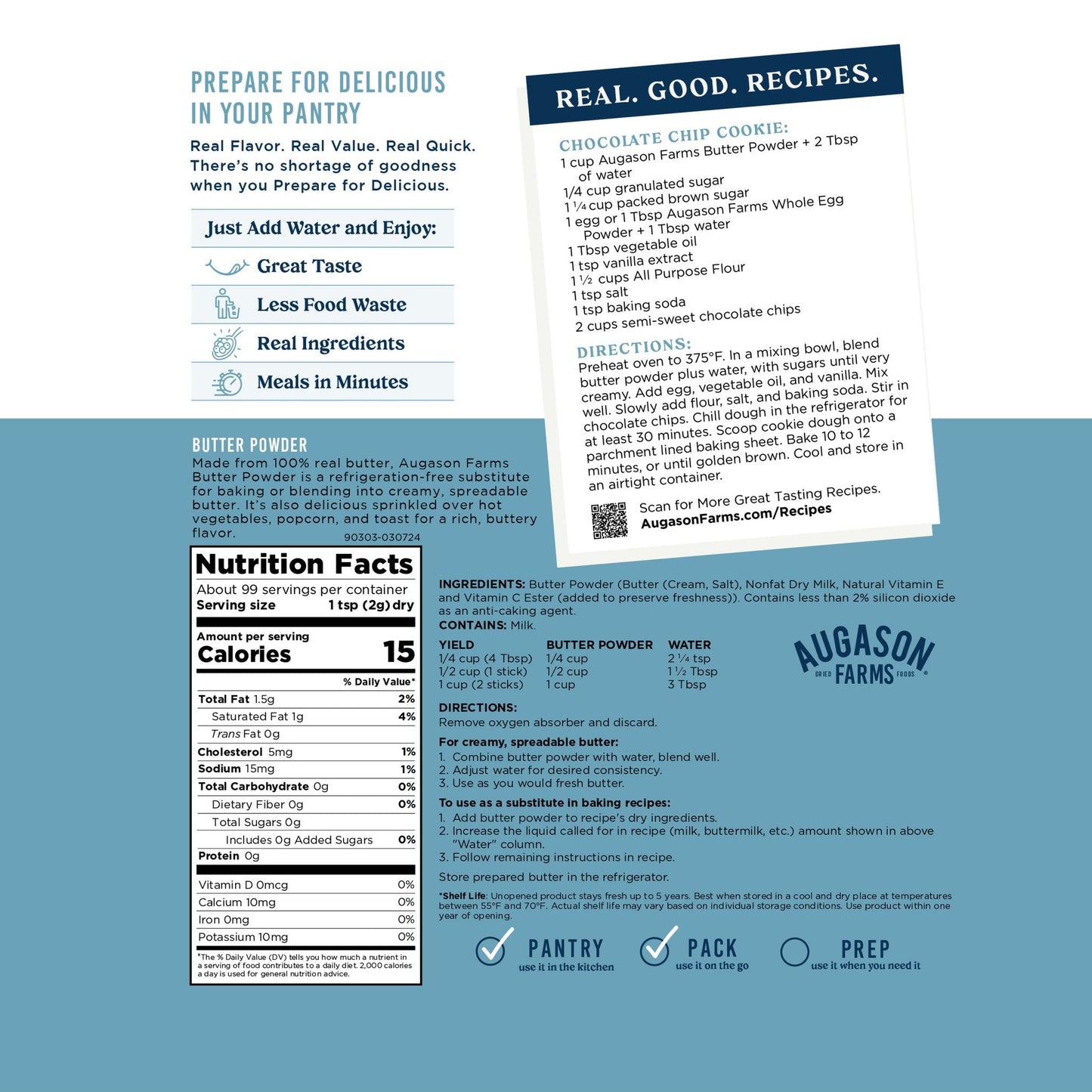 Augason Farms Butter Powder Pouch with 99 servings, shown in a resealable pouch for baking and cooking use.