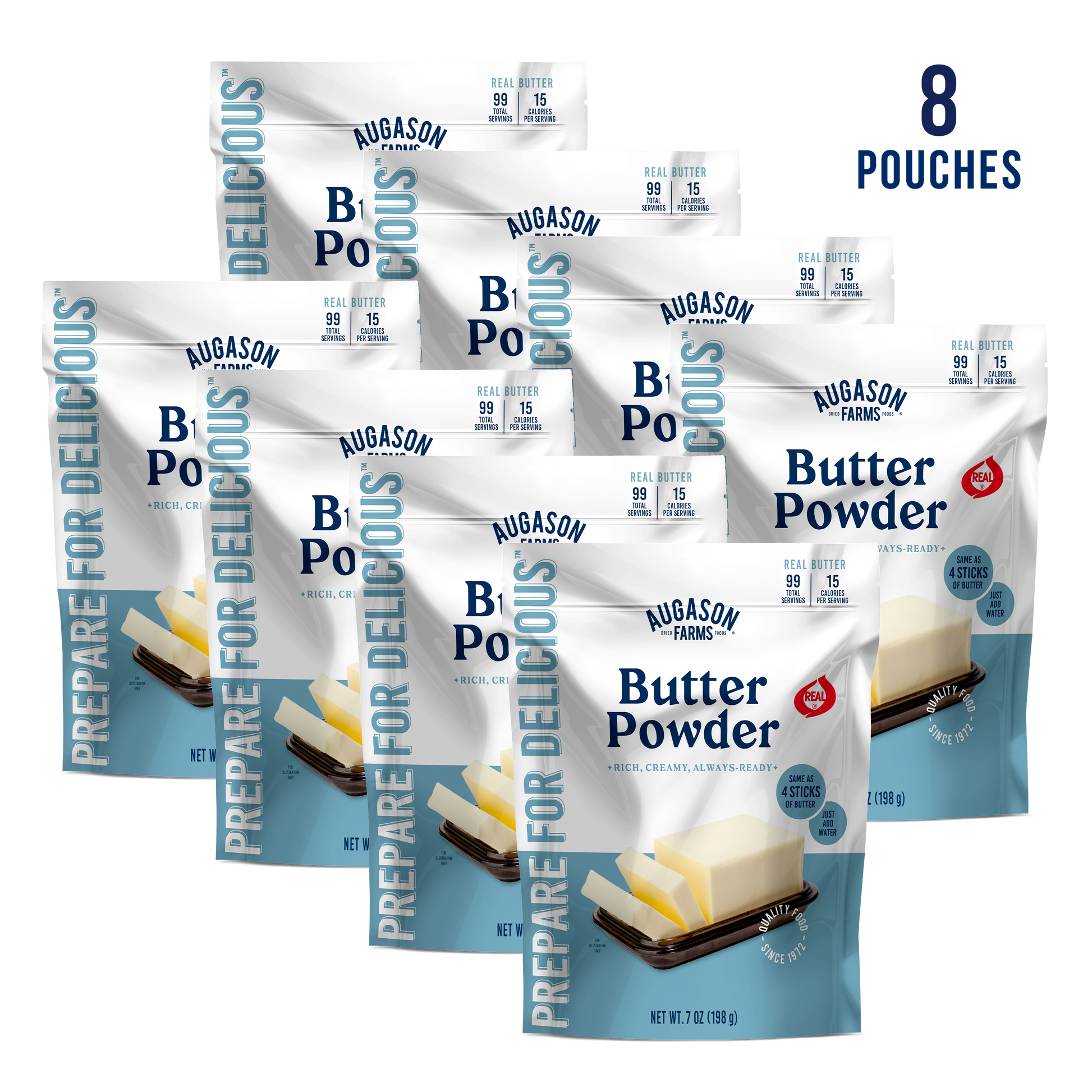 Augason Farms butter powder pouch with 99 servings, shown in a resealable packaging for cooking and baking.