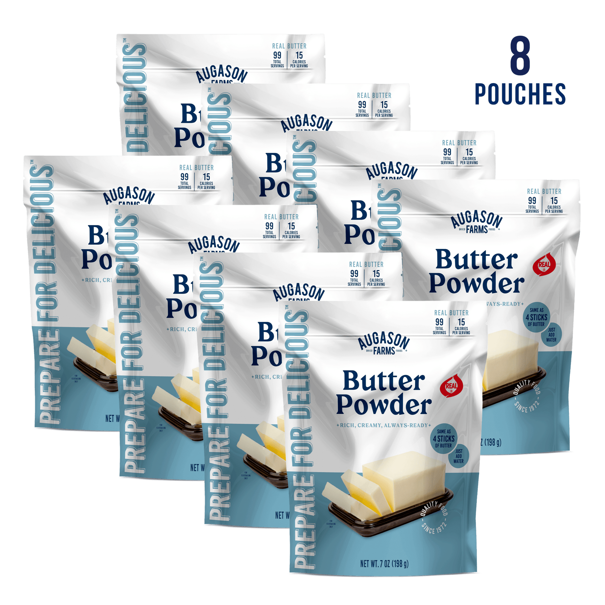 Augason Farms Butter Powder Pouch with 99 servings, featuring a resealable pouch and creamy butter powder for cooking and baking.