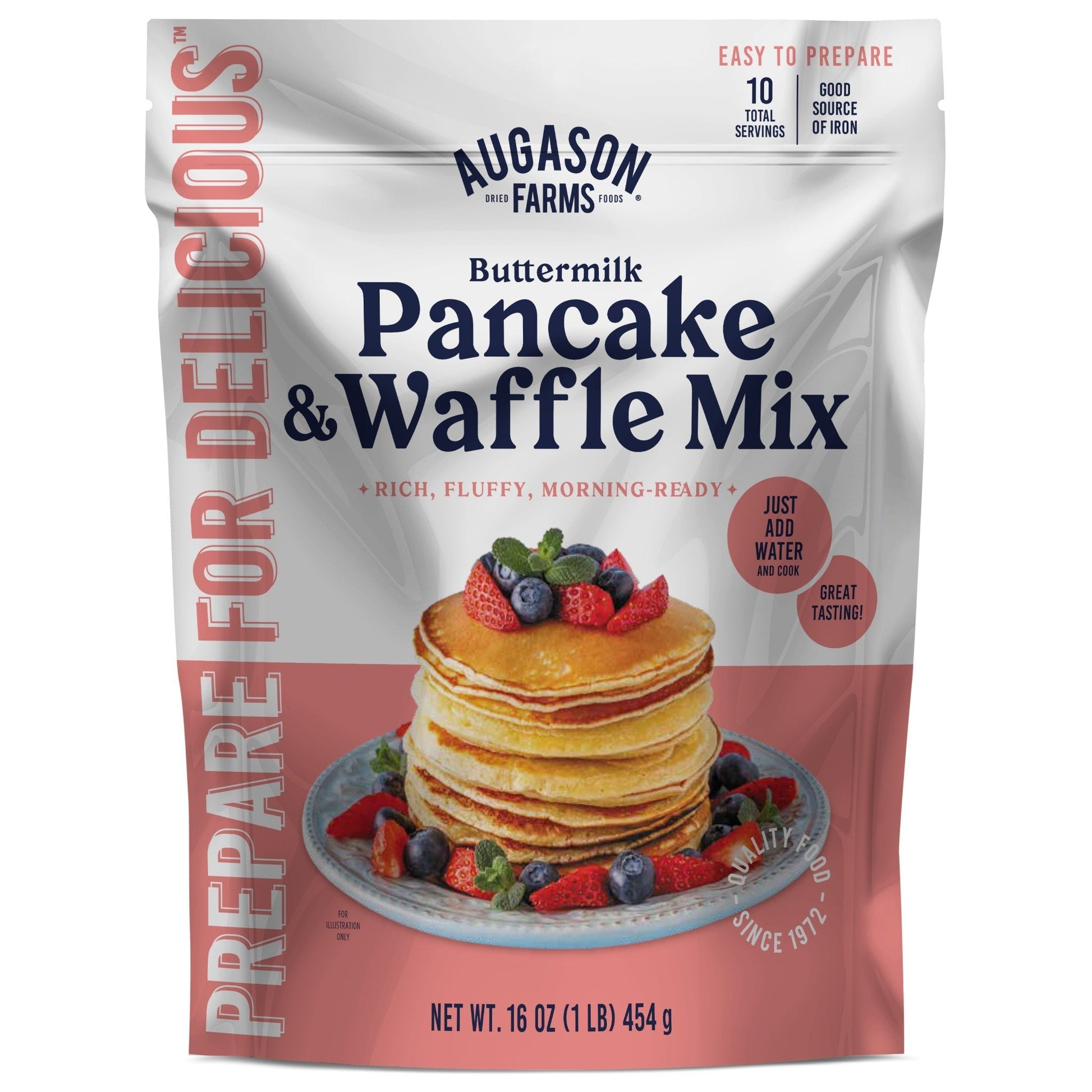 Augason Farms buttermilk pancake and waffle mix pouch with 10 servings, ready to make fluffy breakfast treats.