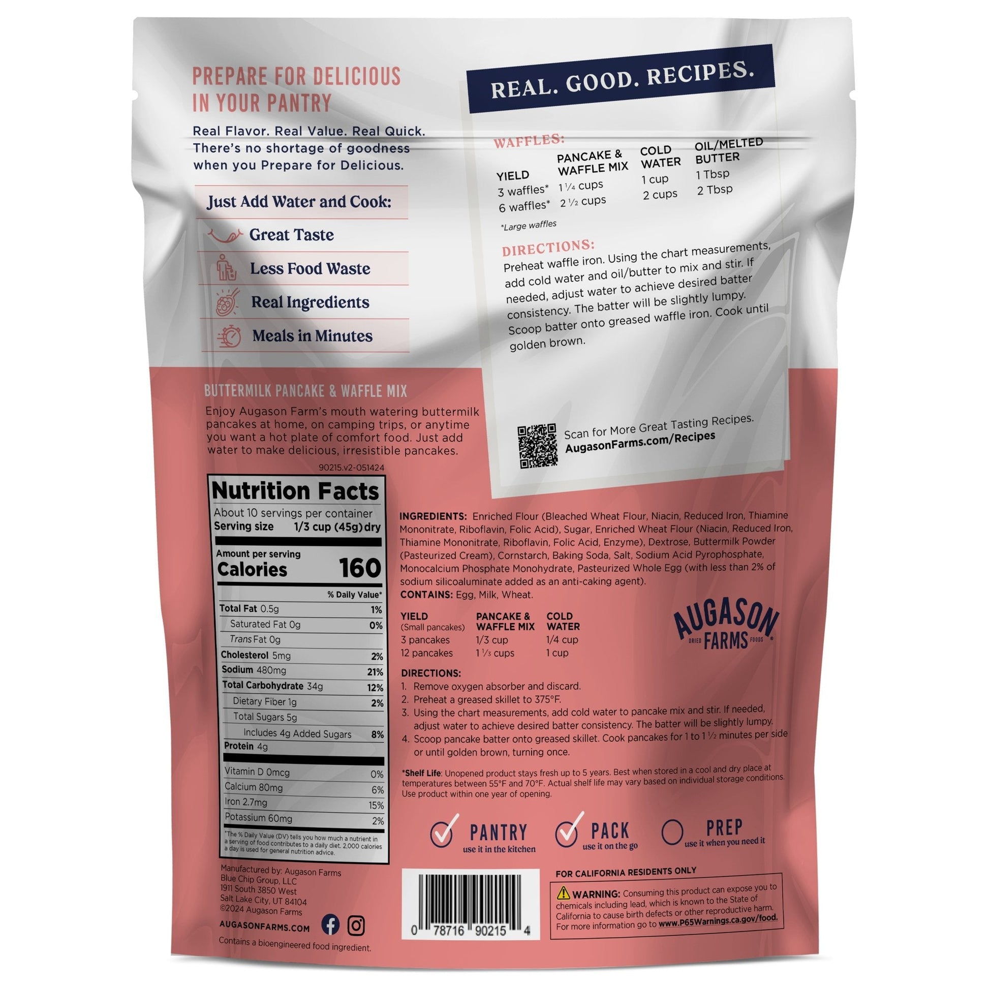 Augason Farms buttermilk pancake and waffle mix pouch with 10 servings, displayed with a bowl of prepared pancakes and waffles.