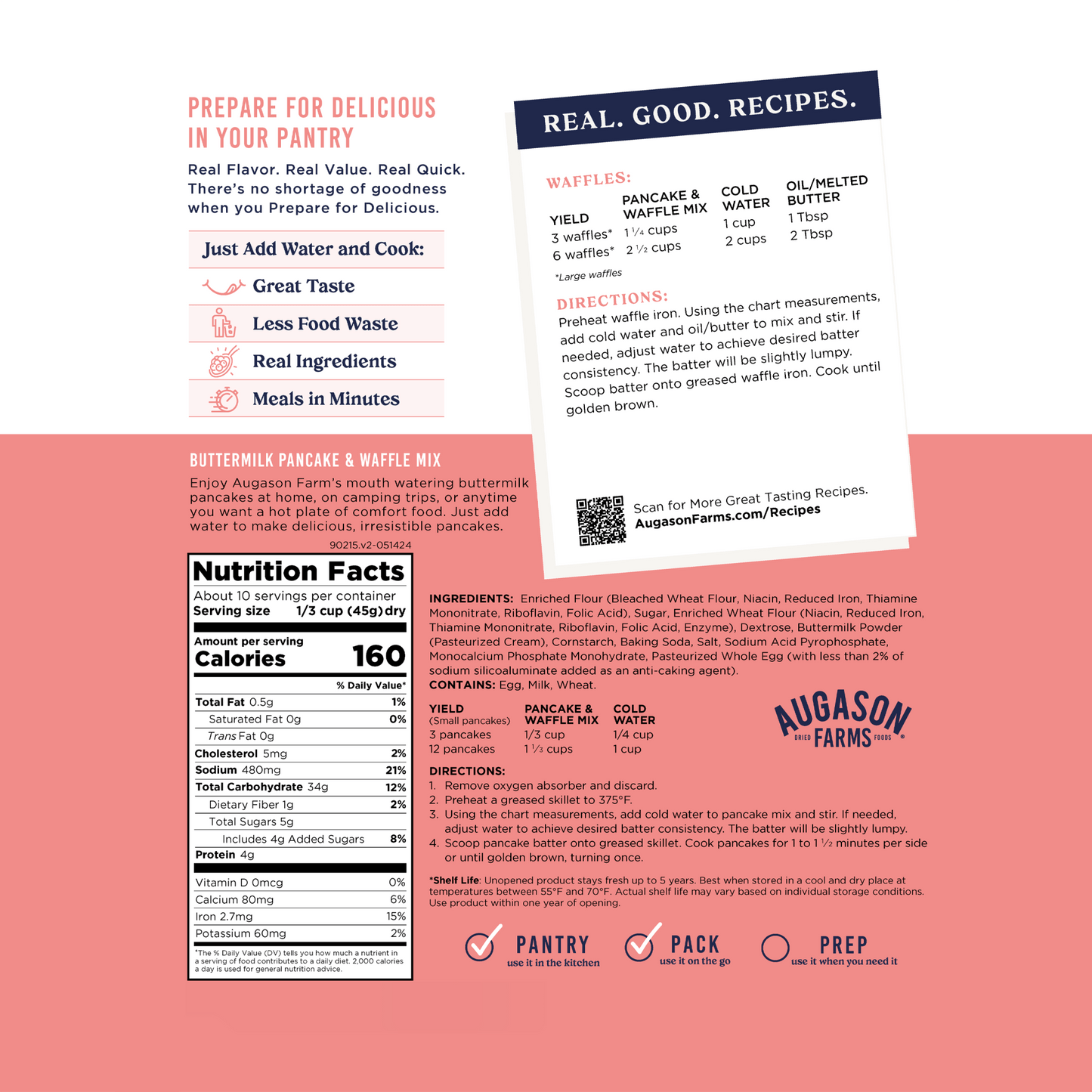 Augason Farms buttermilk pancake and waffle mix pouch with 10 servings, ready-to-make breakfast mix in a resealable pouch.