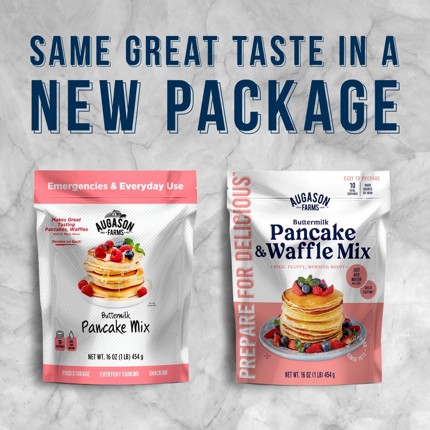 Augason Farms buttermilk pancake and waffle mix pouch with enough for 10 servings, shown in a resealable bag.