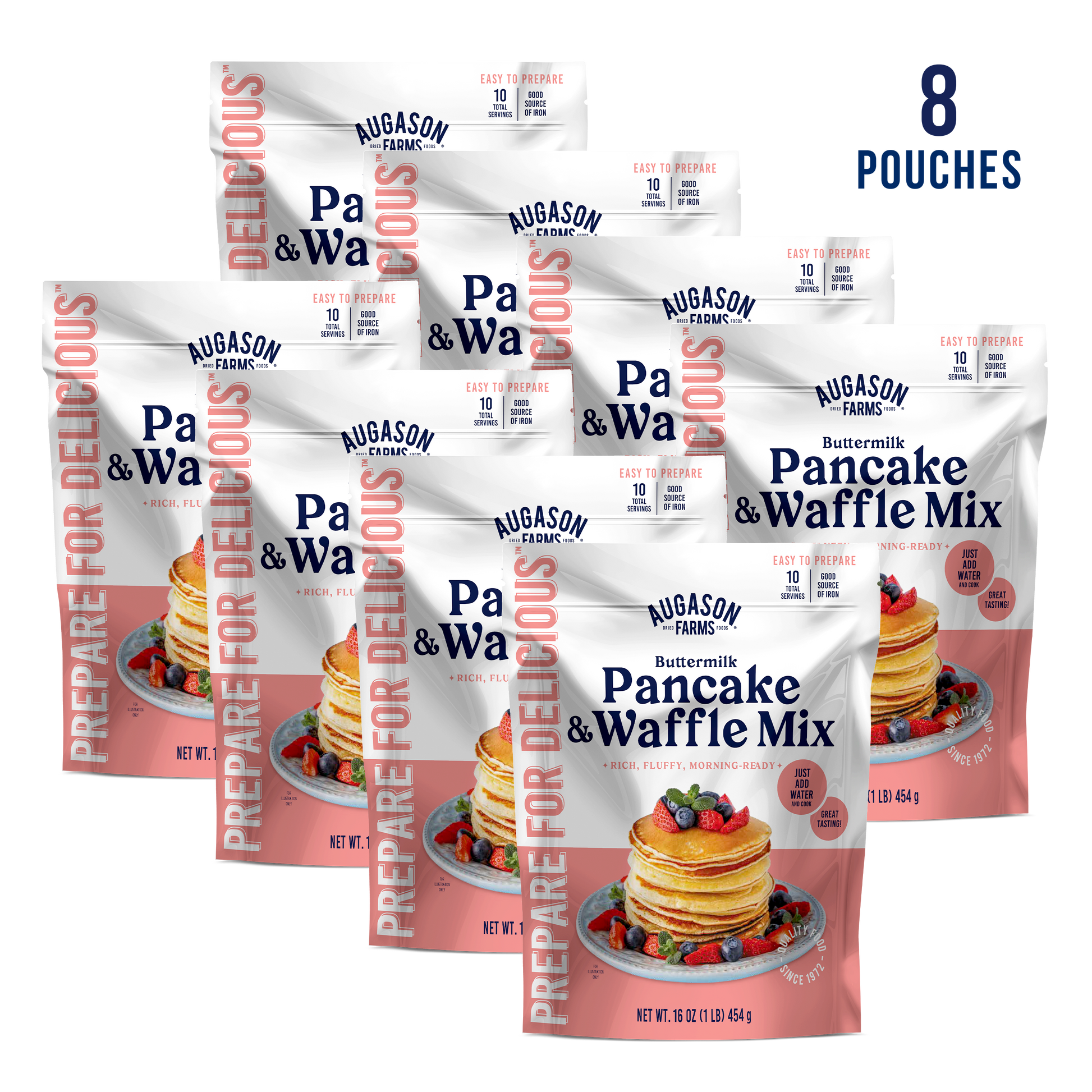 Augason Farms buttermilk pancake and waffle mix pouch with 10 servings, ready to make fluffy breakfast treats.