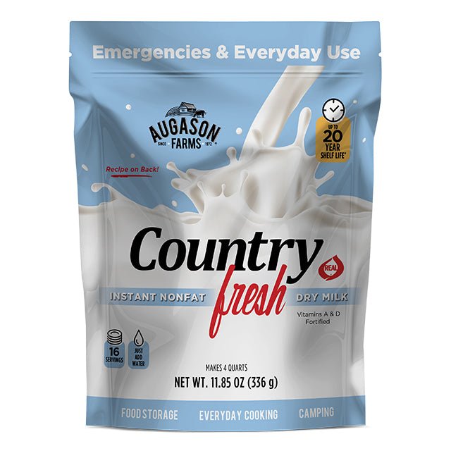 Augason Farms Country Fresh Instant Nonfat Dry Milk pouch with 16 servings, showing the dry milk powder in a sealed pouch.