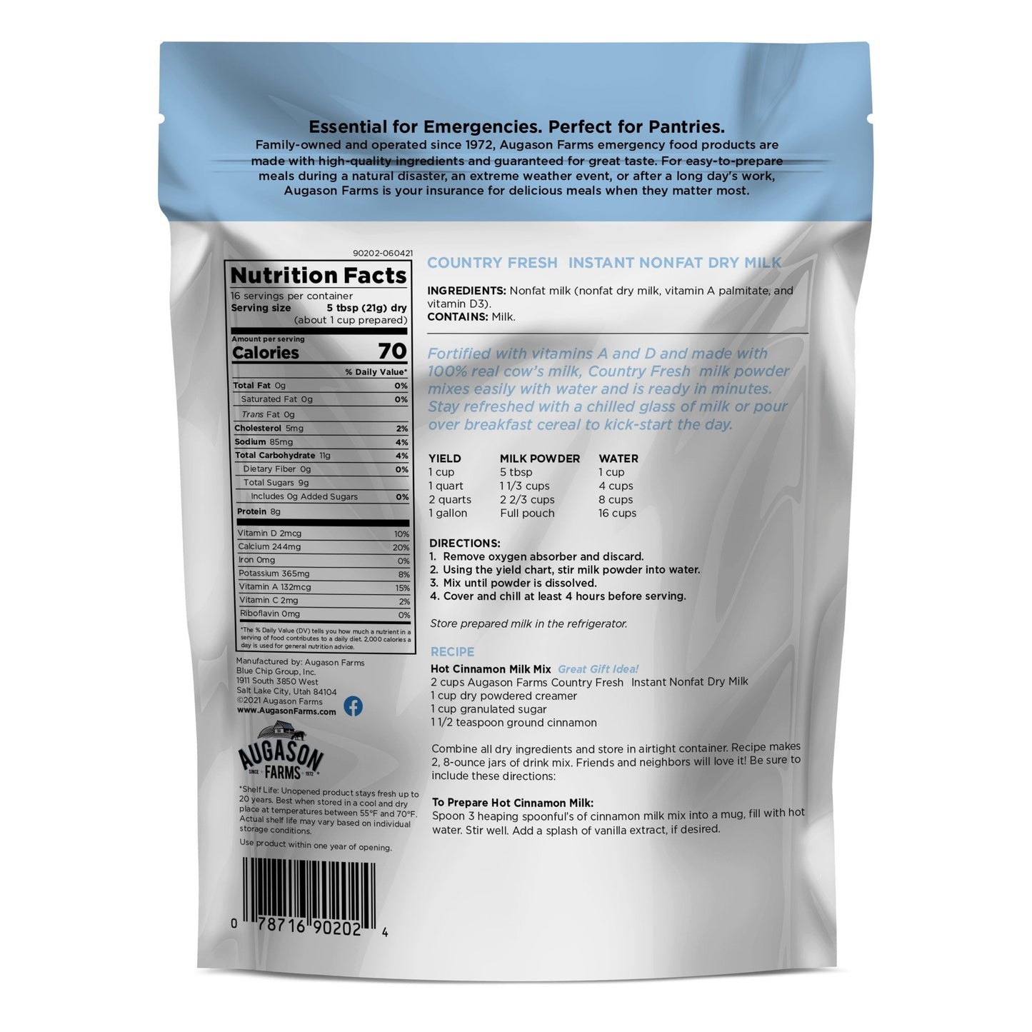 Country Fresh instant nonfat dry milk pouch by Augason Farms, showing a resealable bag with 16 servings in a clear image.