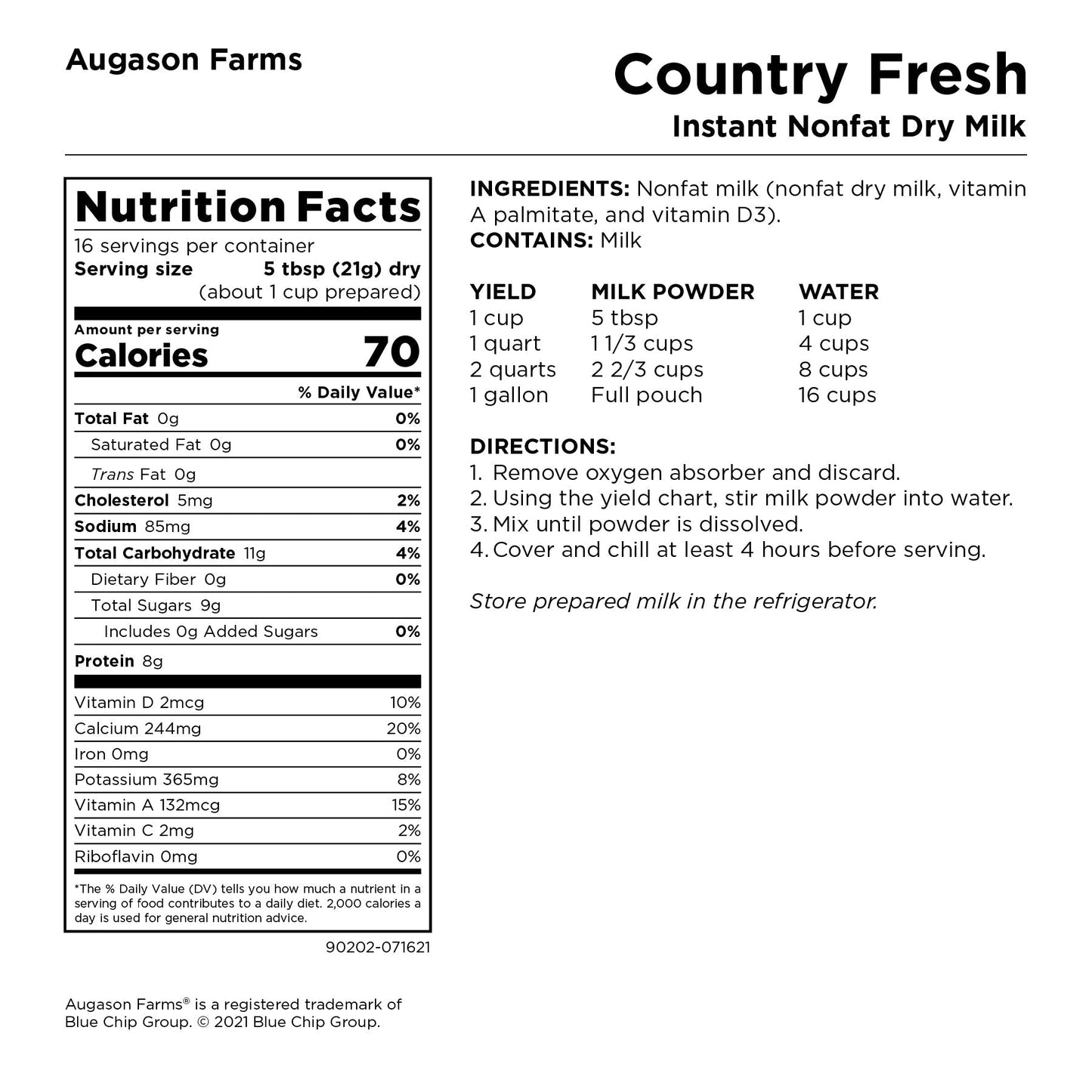 Augason Farms Country Fresh Instant Nonfat Dry Milk pouch with 16 servings, showing the dry milk powder in a resealable pouch.
