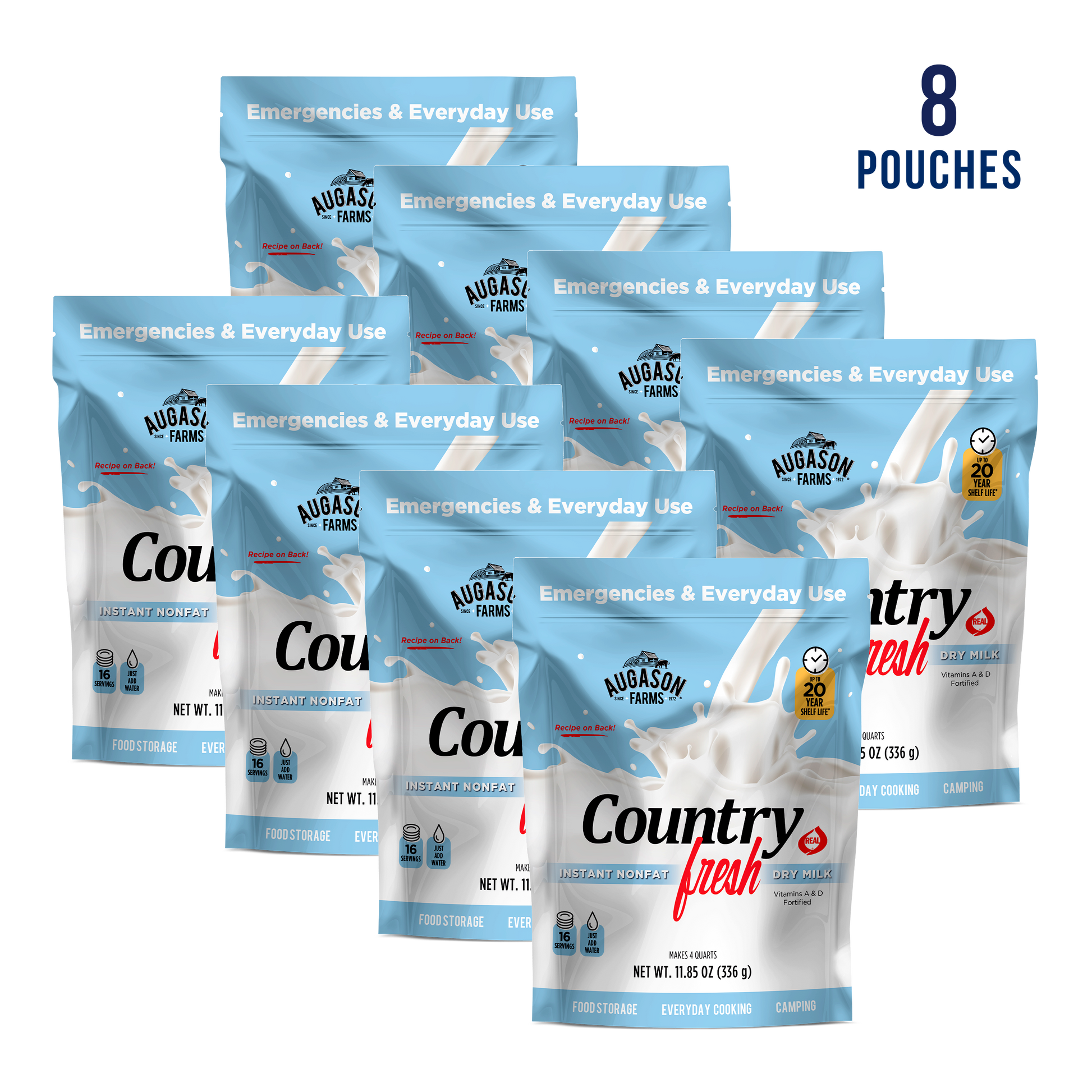 Augason Farms Country Fresh Instant Nonfat Dry Milk pouch with 16 servings, showing dry milk powder in a resealable pouch.
