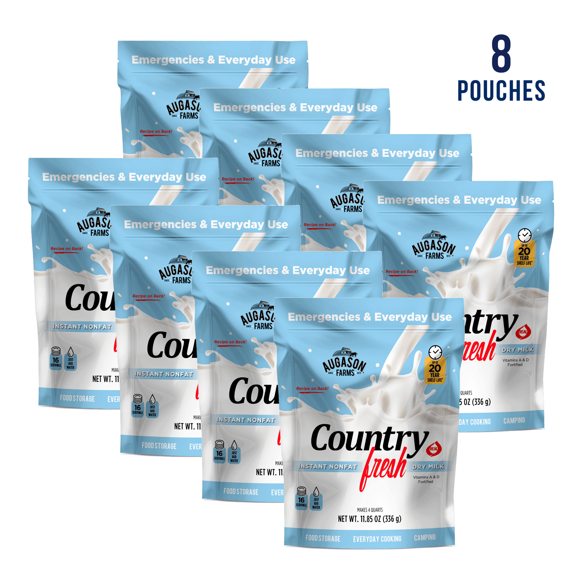 Augason Farms Country Fresh Instant Nonfat Dry Milk pouch with 16 servings, showing dry milk powder in a resealable pouch.