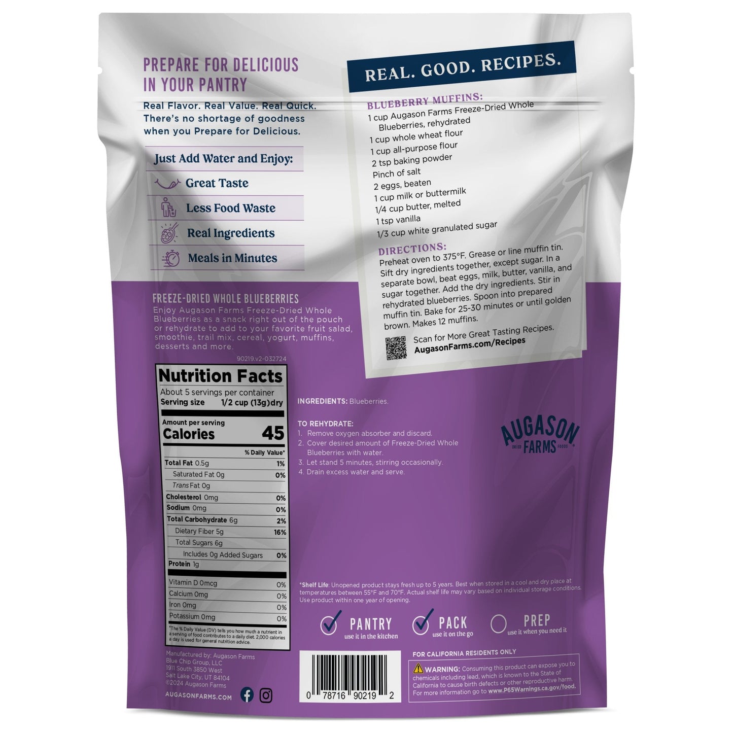 Freeze dried whole blueberries in a pouch by Augason Farms, 5 servings, showcasing vibrant blueberries ready for snacking or baking.