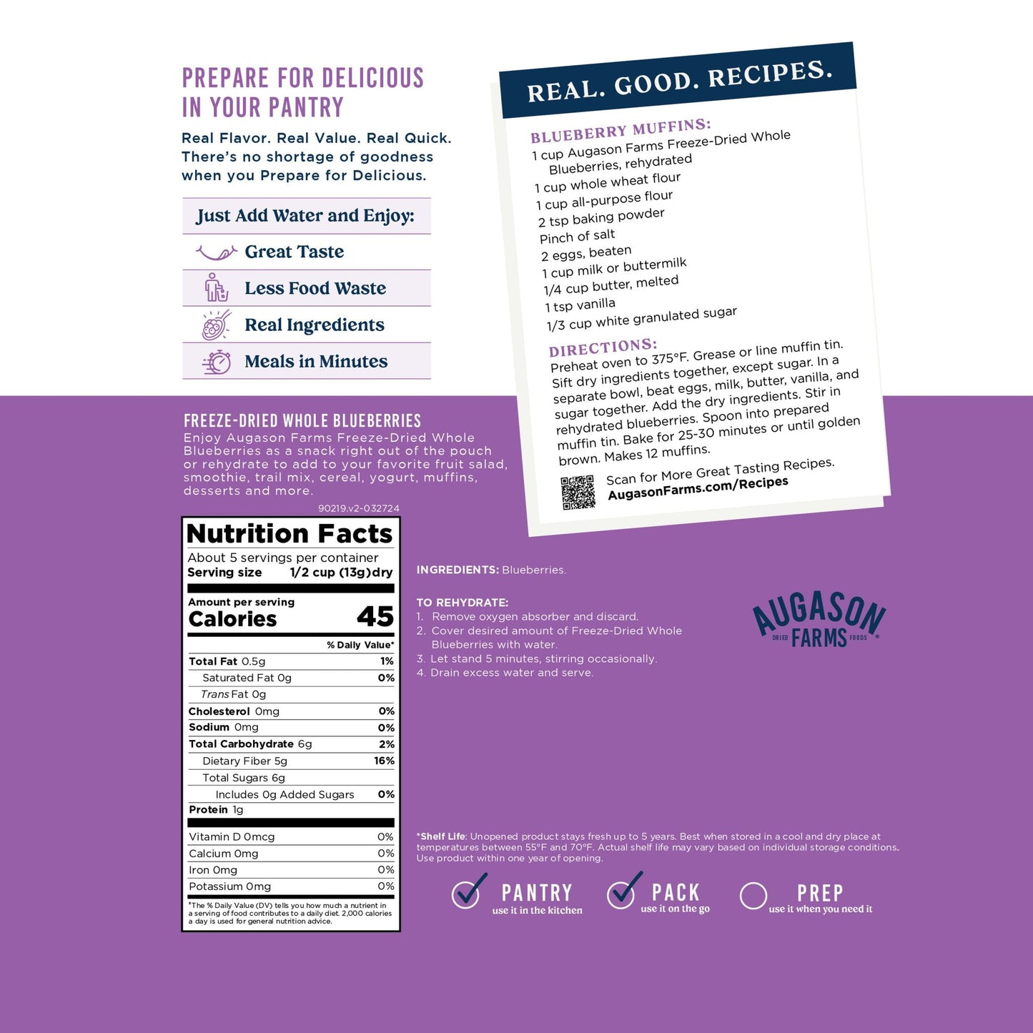 Freeze-dried whole blueberries in a pouch by Augason Farms, ideal for snacks or baking, with five servings.