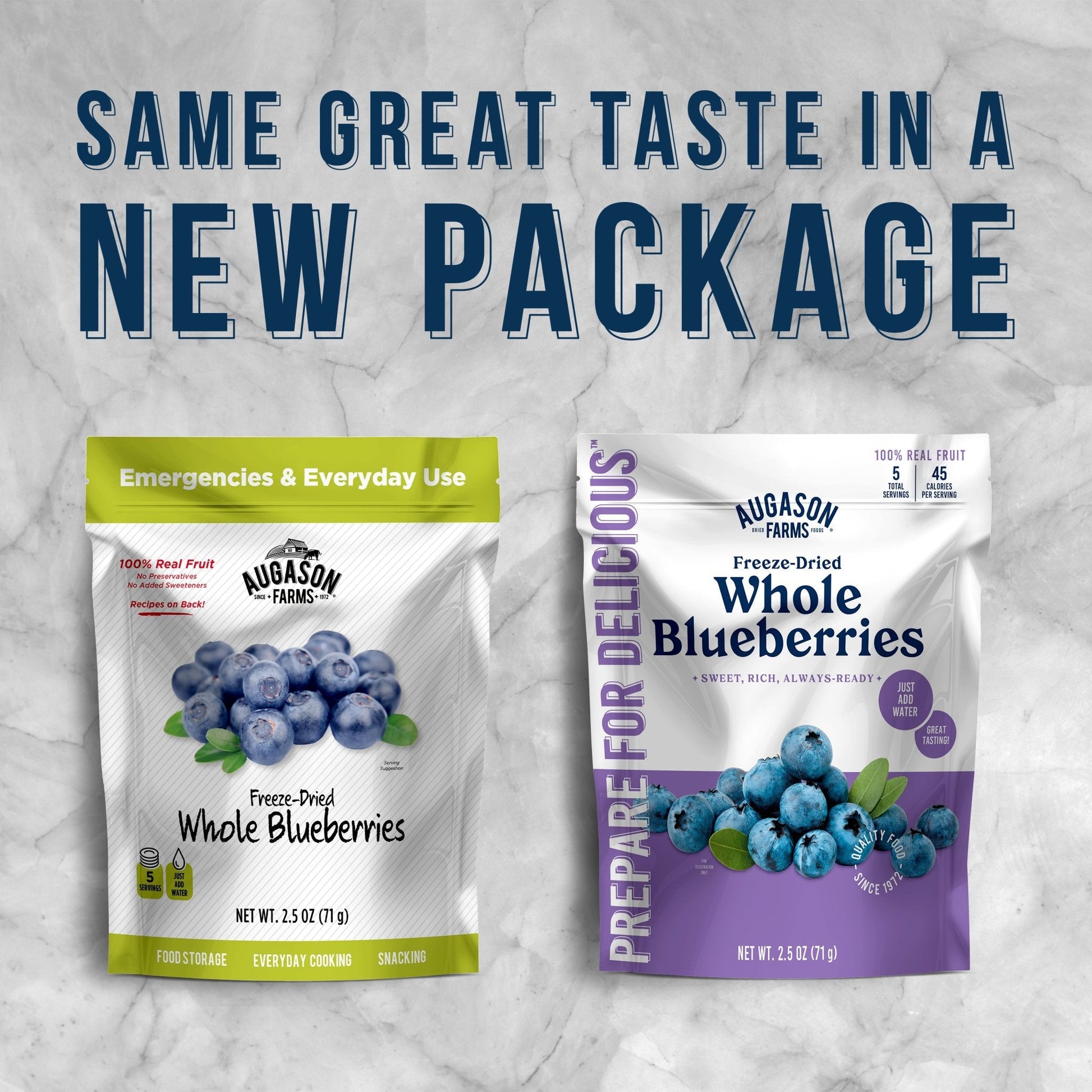 Freeze-dried whole blueberries in a pouch by Augason Farms, perfect for snacking or adding to recipes.