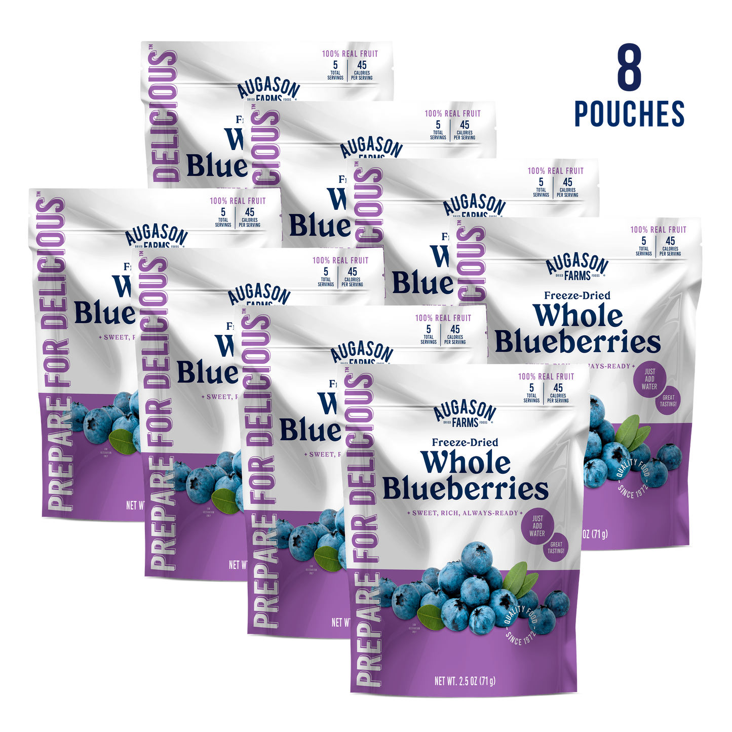 Freeze dried whole blueberries in a pouch by Augason Farms, perfect for snacking or baking, 5 servings included.