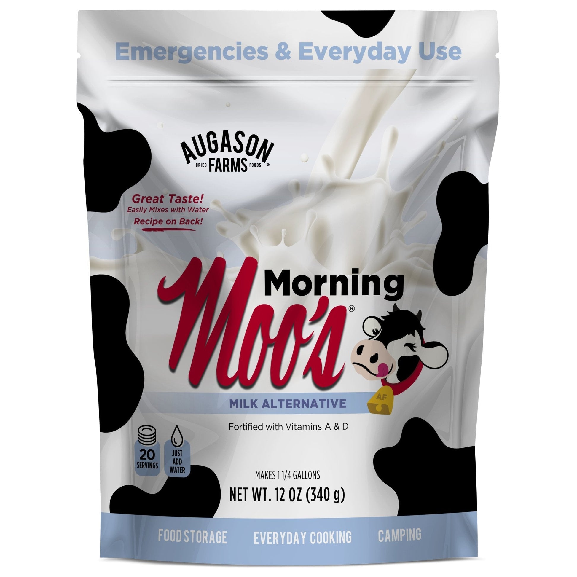 Augason Farms Morning Moo’s Milk Alternative pouch with 20 servings, dairy-free plant-based milk substitute in a convenient pouch.