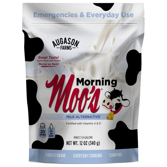 Augason Farms Morning Moo’s Milk Alternative pouch with 20 servings, dairy-free plant-based milk substitute in a convenient pouch.