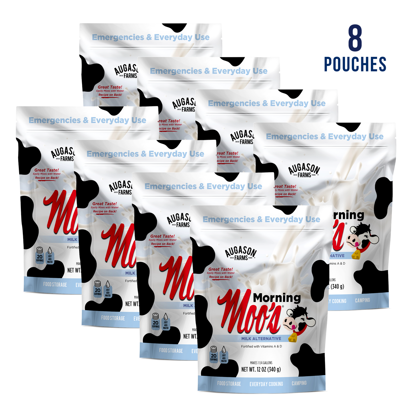 Augason Farms Morning Moo’s Milk Alternative pouch with 20 servings, featuring a resealable pouch and dairy-free milk substitute.