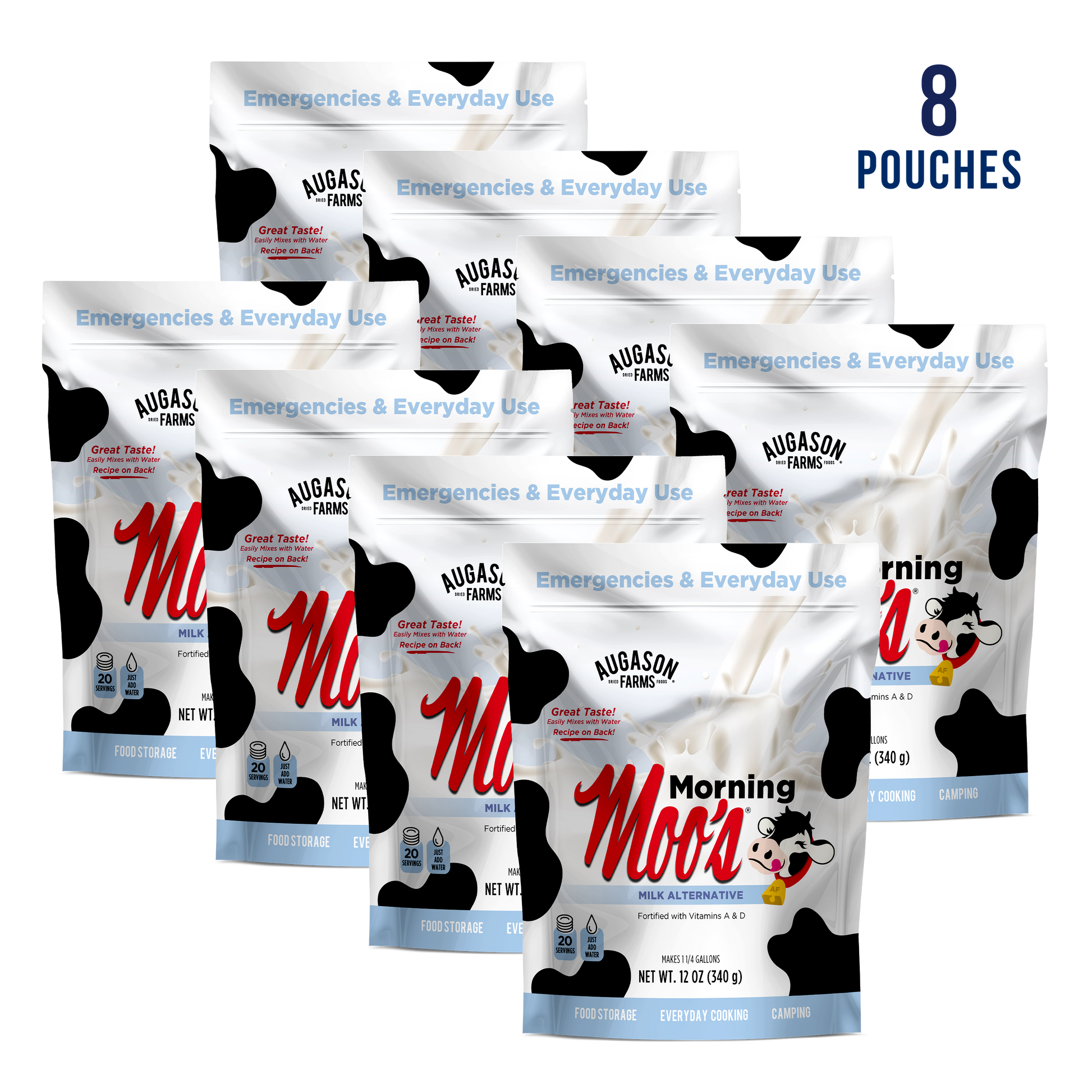 Augason Farms Morning Moo’s Milk Alternative pouch with 20 servings, featuring a resealable pouch and dairy-free milk substitute.