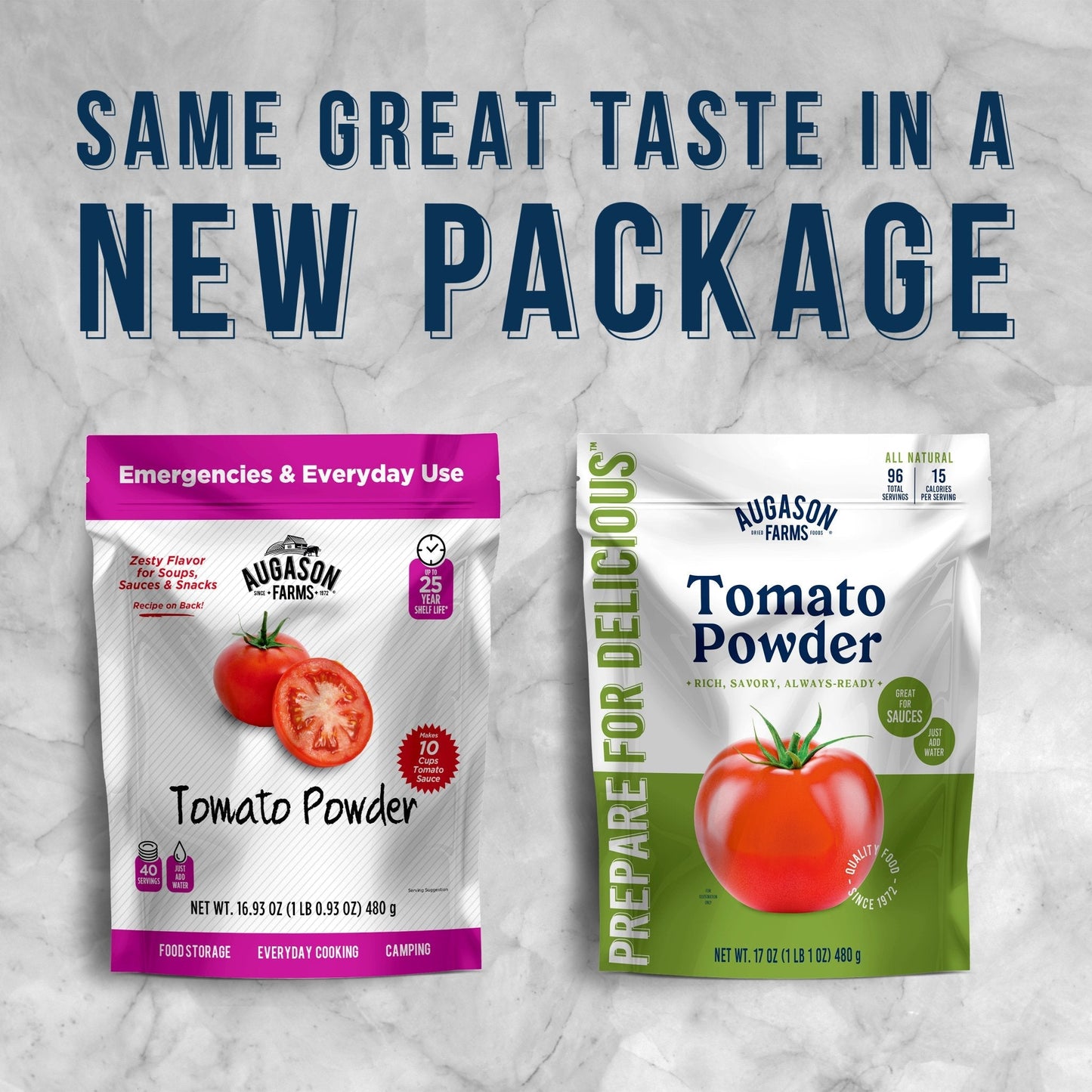 Augason Farms Tomato Powder pouch, 96 servings, showing a resealable bag with bright red tomato powder inside.